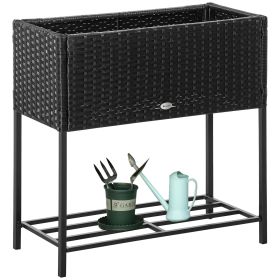 Outsunny Elevated Metal Garden Bed with Rattan Look and Tool Storage, Modern Design, Black