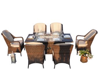 Direct Wicker Patio Fire Pit Dining Set 6-Seat Rectangular Aluminum Table with Rattan Chairs (Color: brown)