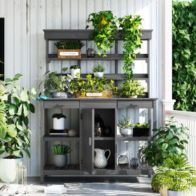 66" Large Outdoor Farmhouse Wooden Potting Bench Table, Garden Workstation with 2 Drawers, Cabinet and Open Shelves for Backyard, Mudroom (Color: gray)