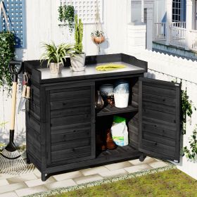 Outdoor 39" Potting Bench Table; Rustic Garden Wood Workstation Storage Cabinet Garden Shed with 2-Tier Shelves and Side Hook (Color: BLACK)
